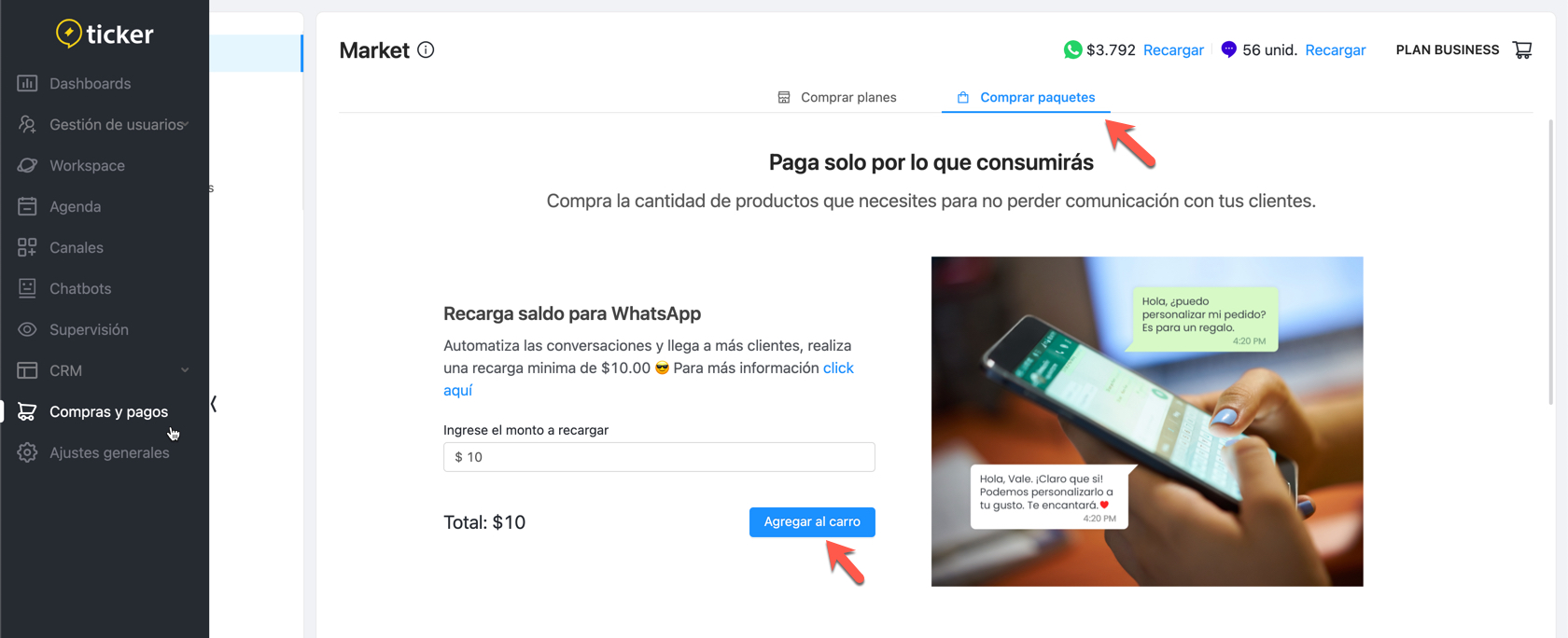 Recarga de mensajes de WhatsApp en Ticker