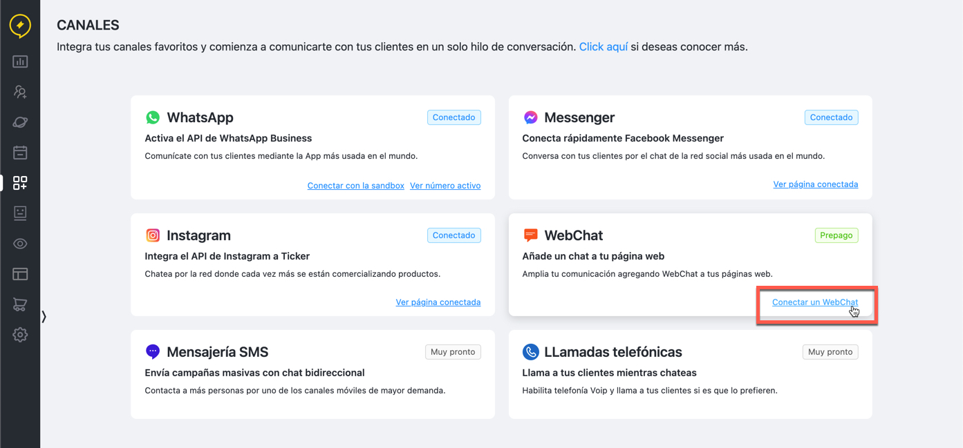 Conectar webchat en Ticker