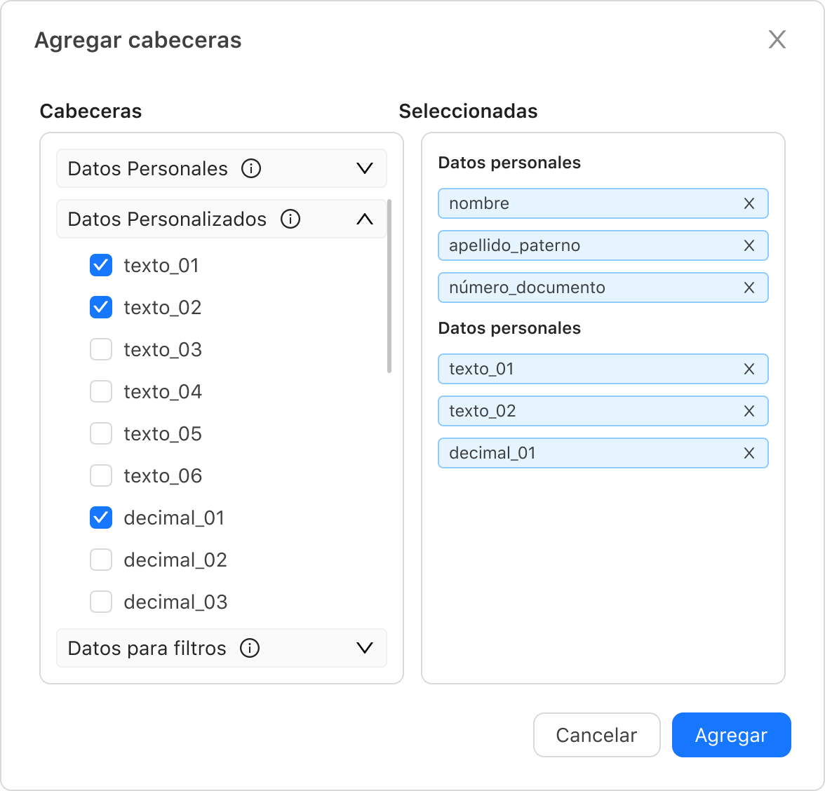 Modificar el nombre de cada columna