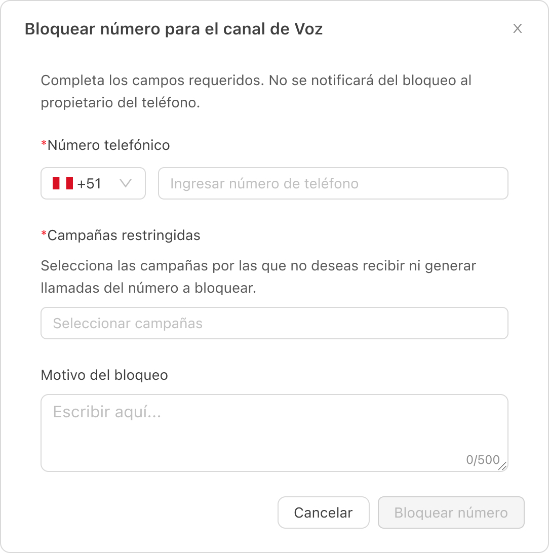 Bloquear número para canal de Voz