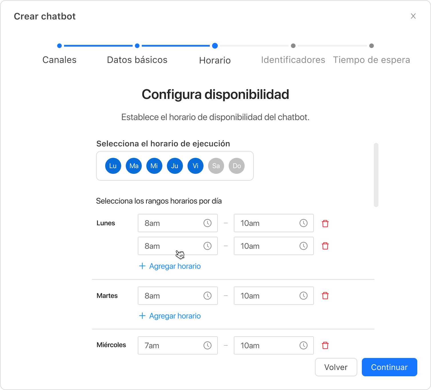 Configura el horario, pero con foco en el rango horario