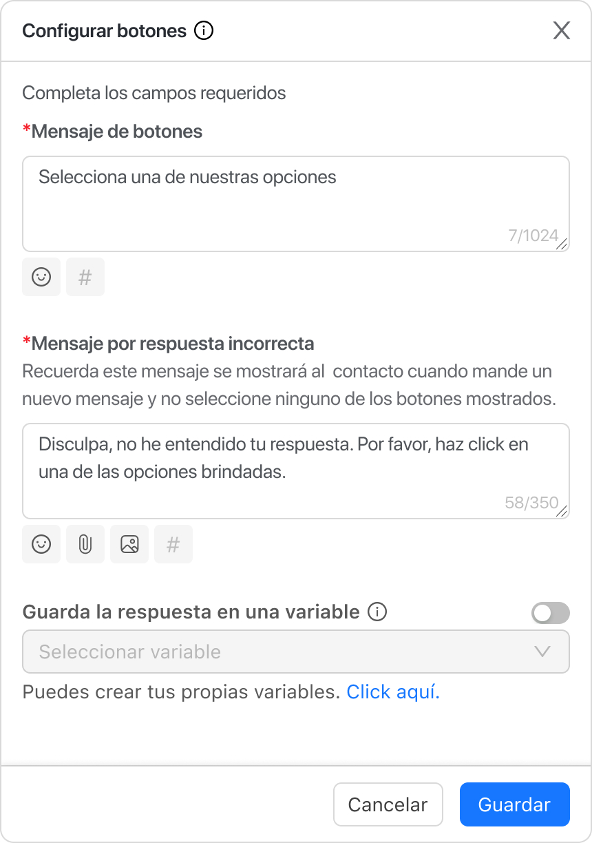 Configurar un mensaje inicial para tus botones