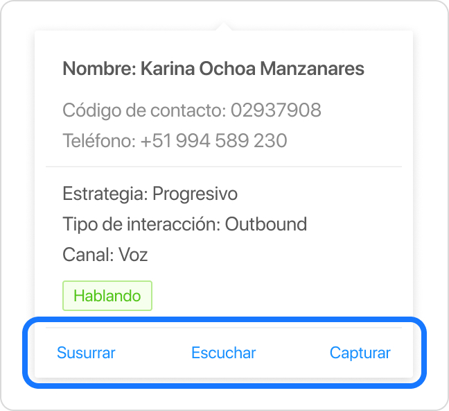 Modal que aparece con la información del contacto