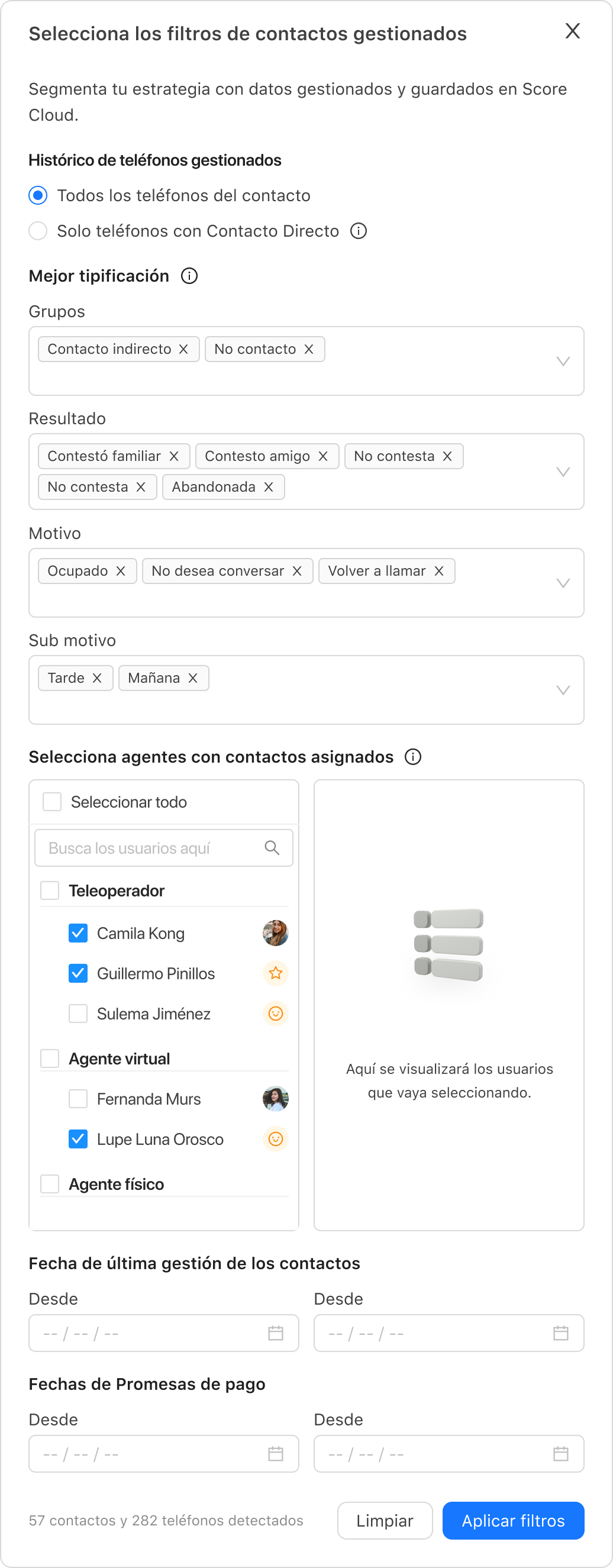 Sección de filtro de contactos gestionados