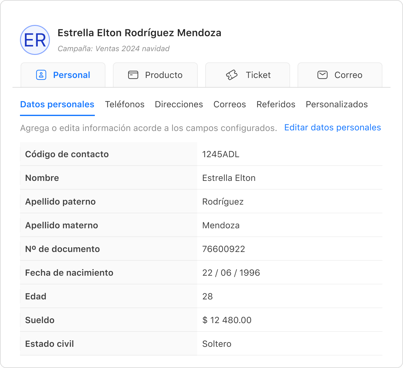 Imagen referencial sobre info del ticket, de un contacto ya existente