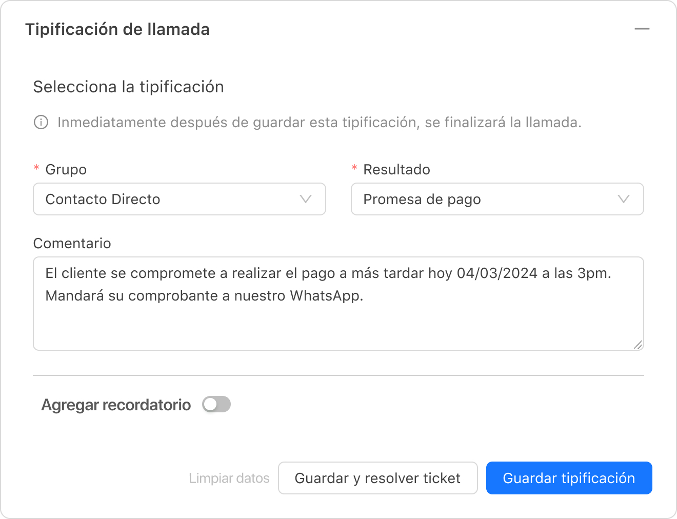 Modal de Tipificación de llamada