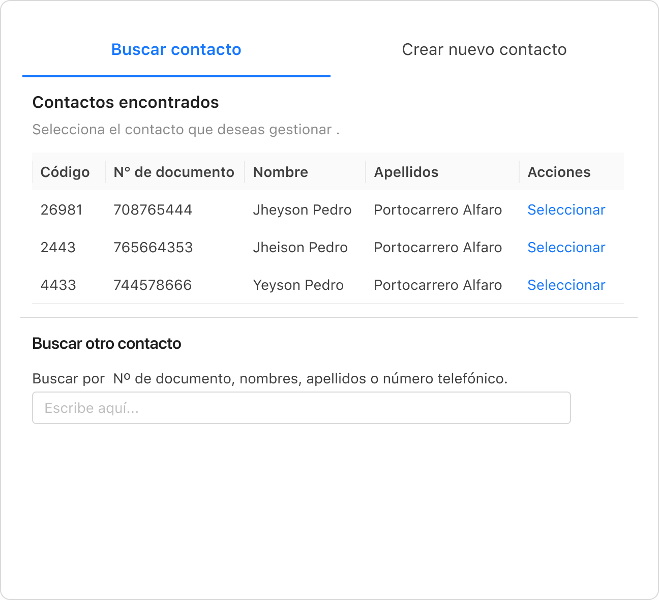 Buscar contacto con lista de contactos encontrados