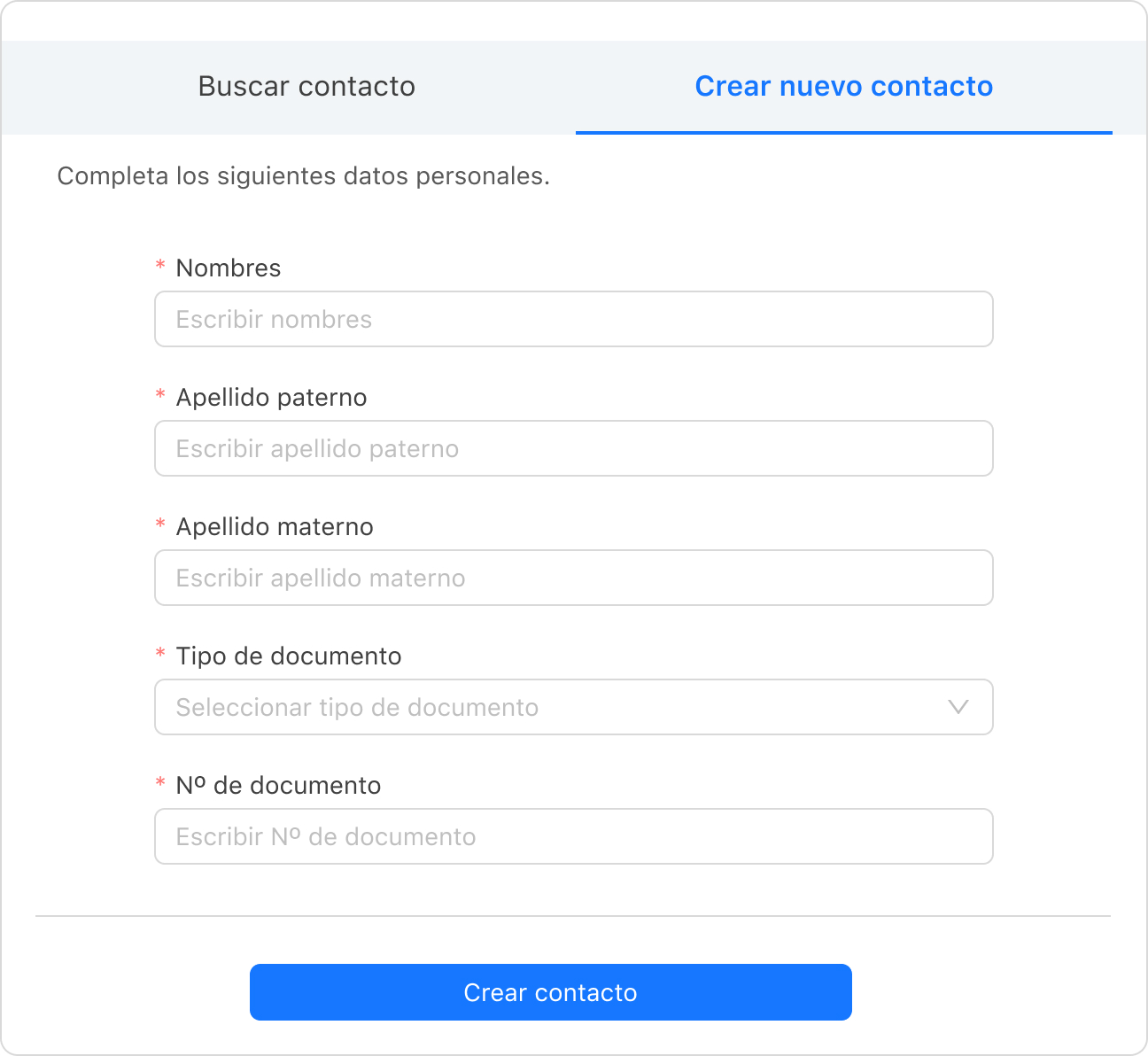 Sección Crear nuevo contacto